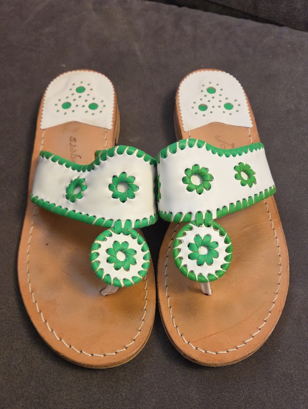 Jack Rogers White and Green Floral Leather Slide Sandals